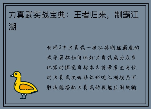 力真武实战宝典：王者归来，制霸江湖