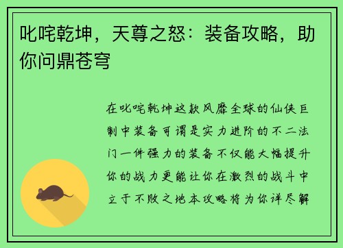 叱咤乾坤，天尊之怒：装备攻略，助你问鼎苍穹